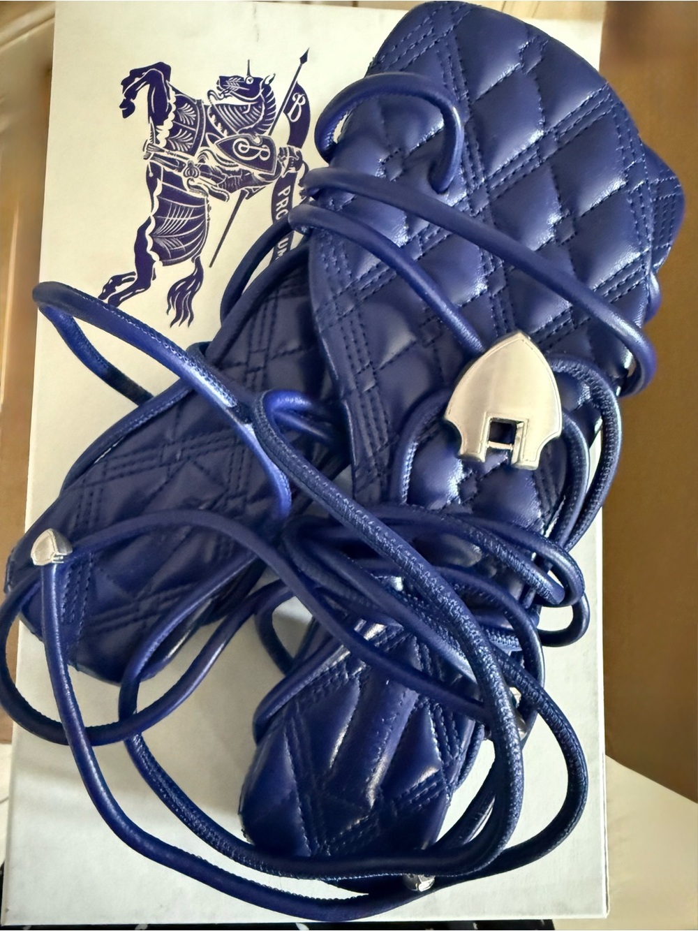 Burberry Navy Quilted Leather Ivy Shield Sandals